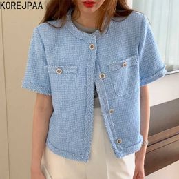 Korejpaa Women Jackets Summer Korean Chic Ladies Vintage Round Neck Raw Edge Design Single-Breasted Loose Tweed Jacket 210526