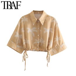 TRAF Women Fashion With Drawstring Print Cropped Blouses Vintage Short Sleeve Button-up Female Shirts Chic Tops 210415