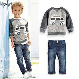 Caravan Grey Boys Clothes Sets Children Sweater Jean Clothing Set Autumn Spring Baby Boy Sweatshirts Trouser Jeans Outfit Cotton 210413