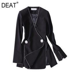 DEAT V-neck flare lseeves two buttons slim high fashion women single suit OL sexy jacket all match WD61801XL 210428