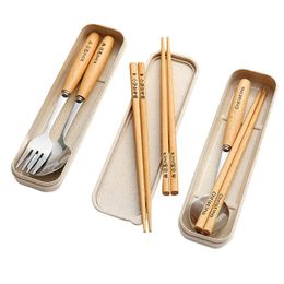 Chopsticks Spoon Set Children's Fork Portable Single Storage Box Wooden Student Tableware Three-piece