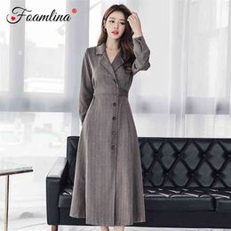 Elegant Women's Trench Dress Notched Collar Long Sleeve Single Breated Bow Tie Sashes Work Office Vintage Midi 210603