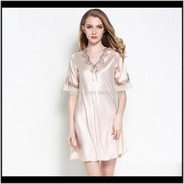 Sleepwear Womens Underwear Apparel Drop Delivery 2021 Women Silk Satin Nightgown Short Sleeve Sleepshirt V-Neck Shirt Elegant Night Lace Slee