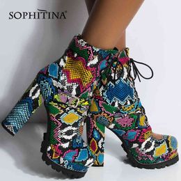 SOPHITINA 12cm Square Heel Boots Fashion Platform Handmade Shoes Woman Special Snake Design Round Toe Lace- up Ankle Boots H7-1 210513