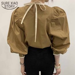 Ruffled O-neck Ladies Solid Shirt Spring Lantern Sleeve Blouse Women Loose Chic Lace Tie Ruched Tops Blusas Mujer 12784 210415