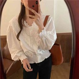 Early Spring White V-Neck Sweet Stylish Women High Street Shirts Solid Chic All Match Office Lady Blouses 210525