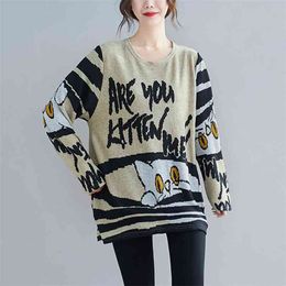 Arrival Spring/autumn Women Loose Casual Long Sleeve O-neck T Shirt All-matched Cartoon Print Cotton T-shirt W259 210512