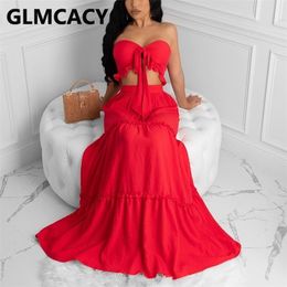 Matching Sets Two Piece Dress Women Strapless Cami Top & High Waist Skirt Solid Chic Plus Size Suit 210730