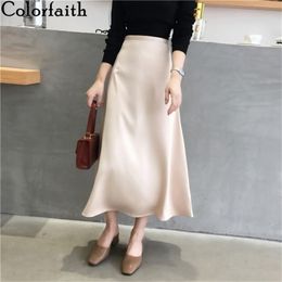 Colorfaith Women's Skirts Spring Fall Elegant Vintage Solid Multi Colors High Waist Ankle-Length A-Line Satin SK896 210619