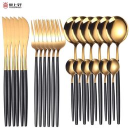 24pcs Upscale Gold Dinnerware Set Stainless Steel Tableware Knife Fork Coffee Spoon Flatware Dishwasher Safe Cutlery 211108