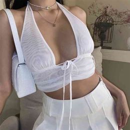 Tulle Transparent Lace Up Halter Tank Tops Women Summer Sexy Backless Strappy White Crop Beach Deep V Neck Camis 210427