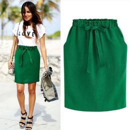 Spring Summer Elegant Midi Skirts Womens Office Pencil Skirt Cotton Elastic Waist Package Hip Skirt Bow Skirt Green 210518