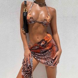 2021 Sexy Three Pieces Bikini Set Women Leopard Print Swimwear Female Swimsuit Brazilian Bikini Bathing Suits Summer Beach Wear X0522