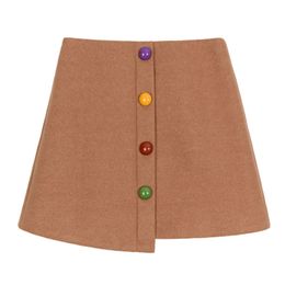 Women Blended Skirts A-Line Solid Mini Short Autumn Winter Chic Elegant Zipper Black Khaki Colorful Button Think S0250 210514