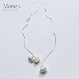 Original Trendy Long Tassel Shell Natural Pearl Switch Dangle Earring Solid 925 Sterling Silver Drop Earrings For Women 210707