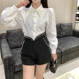 Women's Tracksuits High-End Spring Suit Women Jacquard Beading Lapel Shirt+Diamonds High Waist Design Shorts Female Vintage Two Piece Set