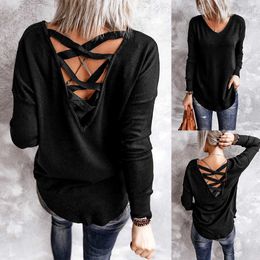 Sexy Backless Tops Women T-shirts Casual V Neck Solid Cross Strap Slim Long Sleeve T-Shirt Female Black Pullovers Tee Autumn 210526