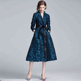 Women Autumn Spring Luxury Jacquard Blazer Trench Coat Female Vintage Elegant Pockets Belted Office Ladies Outerwear & Coats 210525