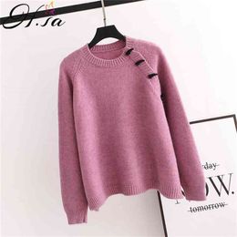 Women Winter Clothing Oneck Horn Button Candy Colour Solid Sweater and Knit Pullovers Oversized Christmas Pull Jumpers 210430