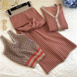 3 PCS Sets Striped Cardigan Jacket + Suspender Vest Side Slit Skinny Broad-legged Pants Women Early Autumn Outfit 211105