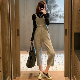 Spring Autumn Woman Solid Turtleneck Long Sleeve T-Shirt + Grey Wool Jumpsuits Office Rompers 2 pcs Sets with Belt 210514