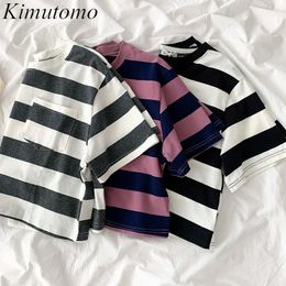Kimutomo Chic Striped T-shirt Spring Women Korean Casual Clothes Girls O-neck Short Sleeve Pocket Top Fashion 210521