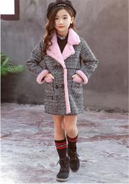 Hot Girls Woollen jacket autumn winter new childen's clothing mid-length stripe Double breasted coat winter plus velvet warm girl overcoat