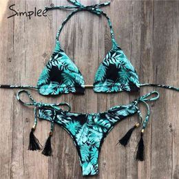 Simplee Floral print tassel swimwear women Bandage swimsuit push up two pieces triangle bikini sets bathing suit beach wear 210319