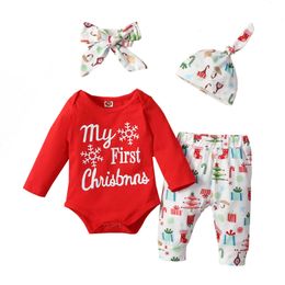 Baby Christmas Outfits Letter Girls and Boys Cute Print Long-sleeve Romper + Pants + Hat + Headband for Toddler Red G1023