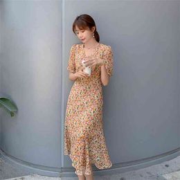Fashion floral skirt women's spring waist and thin temperament v-neck chiffon dress children 210520