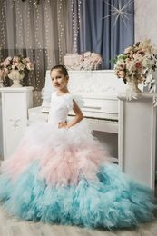 Colourful Flower Girl Dress Jewel Neck Sweep Train Appliqued Tiered Tulle Custom Made Birthday Gowns Pageant First Communion Dresses