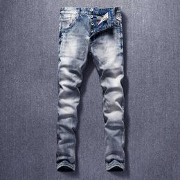 Italian Style Fashion Men Jeans Light Blue High Quality Elastic Slim Fit Casual Denim Buttons Pants Vintage Designer Trousers