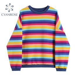 Rainbow Striped Sweatshirts Women Pullover Long Sleeve Streetwear Sportswear Female Oversized Relax Korean Harajuku Ins Top 210417