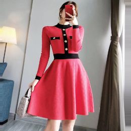 Casual Dresses Women Red Sweater Dress 2021 Autumn Winter Stand Collar Single Breasted Long Sleeve Elegant Fit Flare Short Knitted