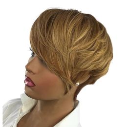 Honey Blonde Color Wavy Human Hair Wig With Bangs Short Bob Pixie Cut No Lace Front Wigs For Women