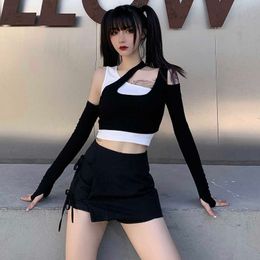 InsGoth Punk Fashion Black White Patchwork Tops Long Sleeve Crop Tops Female Harajuku Grunge Off Shoulder Bodycon Tops Autumn X0628