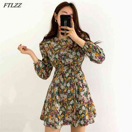 Spring Autumn Elegant Women Floral Print Mini Dress Casual Ladies Puff Sleeve Long Beach for Holiday 210430