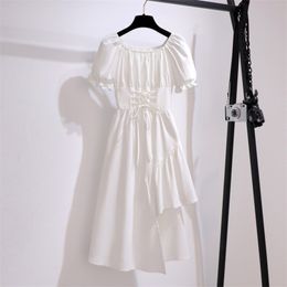 Korean Casual Puff Sleeve Shirt Dress Women Square Neck Irregular Fairy White Long Summer Female Chic Party Vestido 210514