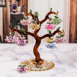 Szklane kryształowe drzewo lotosu z 12 sztuk fengshui rzemiosło home decor figurki świąteczne rok prezenty pamiątki ornament ozdobny obiekty