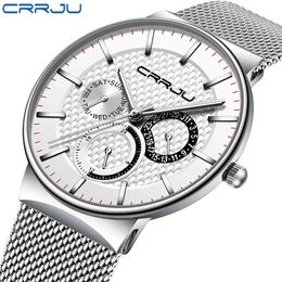 Mens Watches CRRJU Top Brand Luxury Waterproof Ultra Thin Date Clock Male Steel Strap Casual Quartz Watch White Sport WristWatch 210517