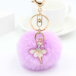 New Cute Rhinestone Little Angel Car Keychain Fake Fur Key Chain Women Trinket Car Bag Key Ring Jewellery Gift Fluff