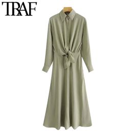TRAF Women Chic Fashion With Knot Pleated Midi Shirt Dress Vintage Long Sleeve Button-up Female Dresses Vestidos Mujer 210415