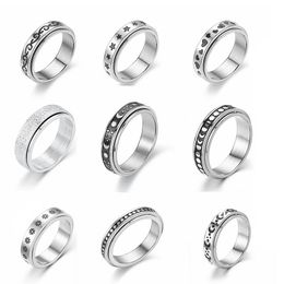 Stainless Steel Spinner Ring Jewellery for Women Mens Fidget Band Rings Moon Star Celtic Stress Relieving Wide Wedding Promise