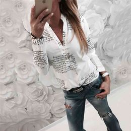 Letters Printed Buttons V-neck Sexy Tops Autumn Women Fashion Lady White Blouse Long Sleeve Shirts Spring Blusas Plus Size 210518