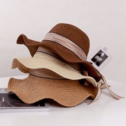 Women Bowknot Straw Sun Hat Summer Vacation Beach Sunscreen Cap Seaside Breathable Caps with Ribbon Wavy Edge Wide Brim Hats