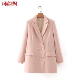 Tangada Women Autumn Winter Pearl Buttons Blazer Coat Double Breasted Long Sleeve Female Outerwear Chic Tops DA102 210609