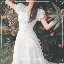 French Vintage Midi Dress Women Summer Elegant Square Collar Puff Sleeve White Fairy Dress Retro Dress Korean 210521