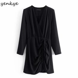 Vintage Black Drawstring Draped Mini Dress Women V Neck Long Sleeve Bodycon Sexy Winter Party Vestido 210514