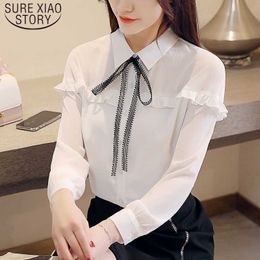 White Solid Shirt Women Fall Bow Temperament Ladies Tops Korean Loose Tie Chiffon Regular Womens Tops and Blouses 5707 50 210527