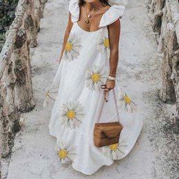 Summer Women's Dress Boho Style Sleeveless Daisy Print Ruffle Maxi Dresses Large Round Neck Loose Female Robes Plus Size 210712